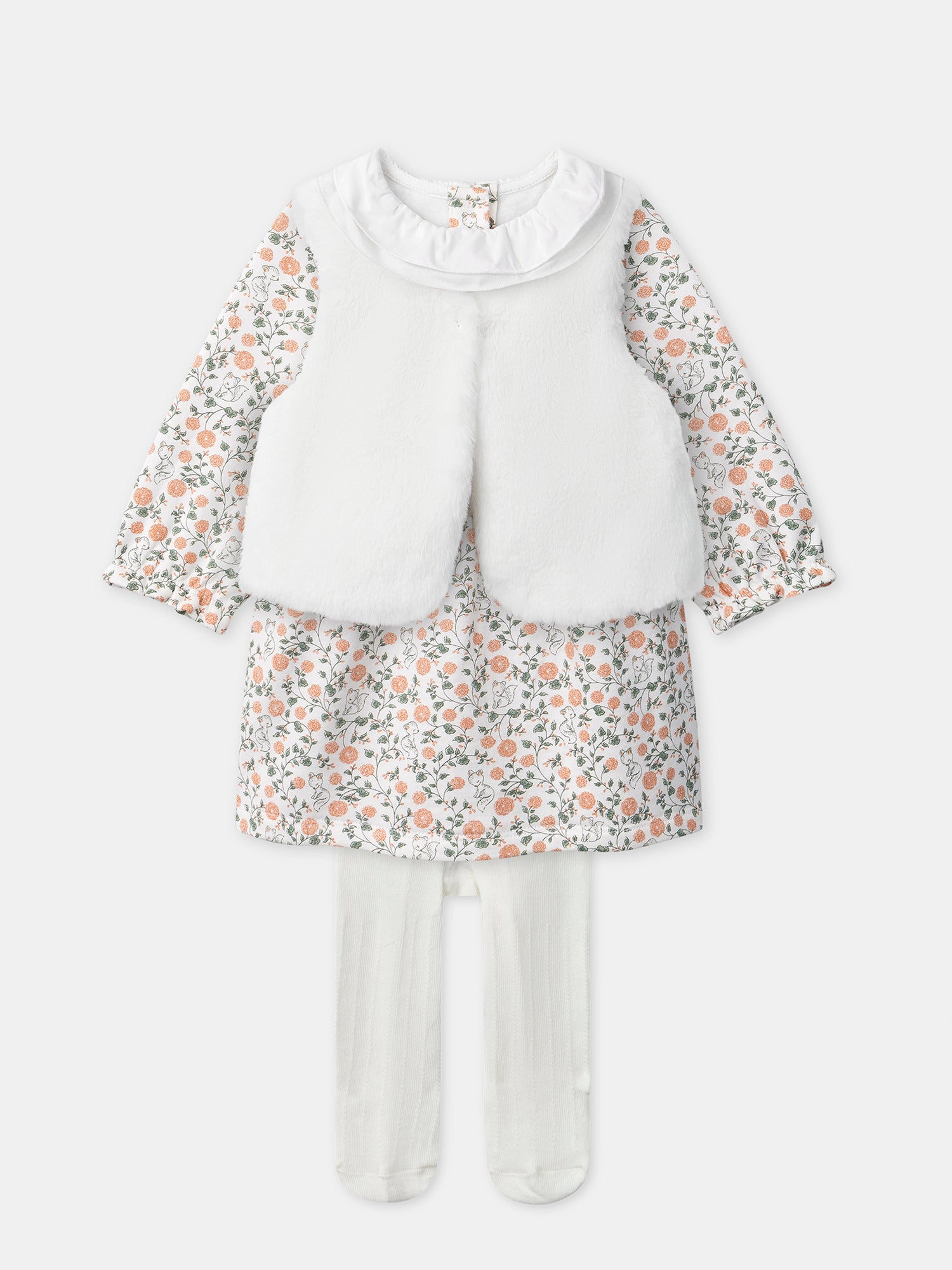 Conjunto de vestido con estampado floral + chaleco + medias para recién nacidas