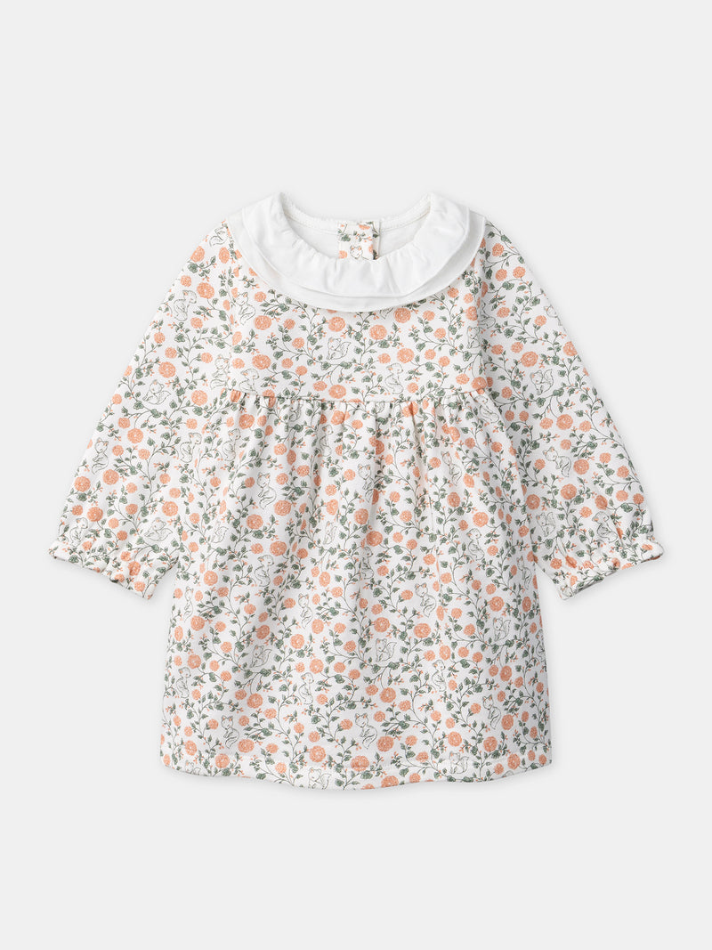 Conjunto de vestido con estampado de flores + cárdigan + medias para niña