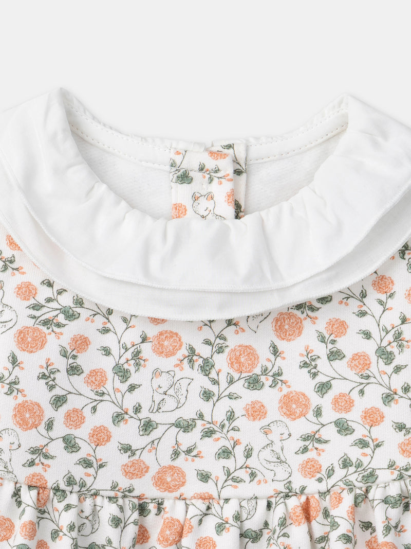 Conjunto de vestido con estampado de flores + cárdigan + medias para niña