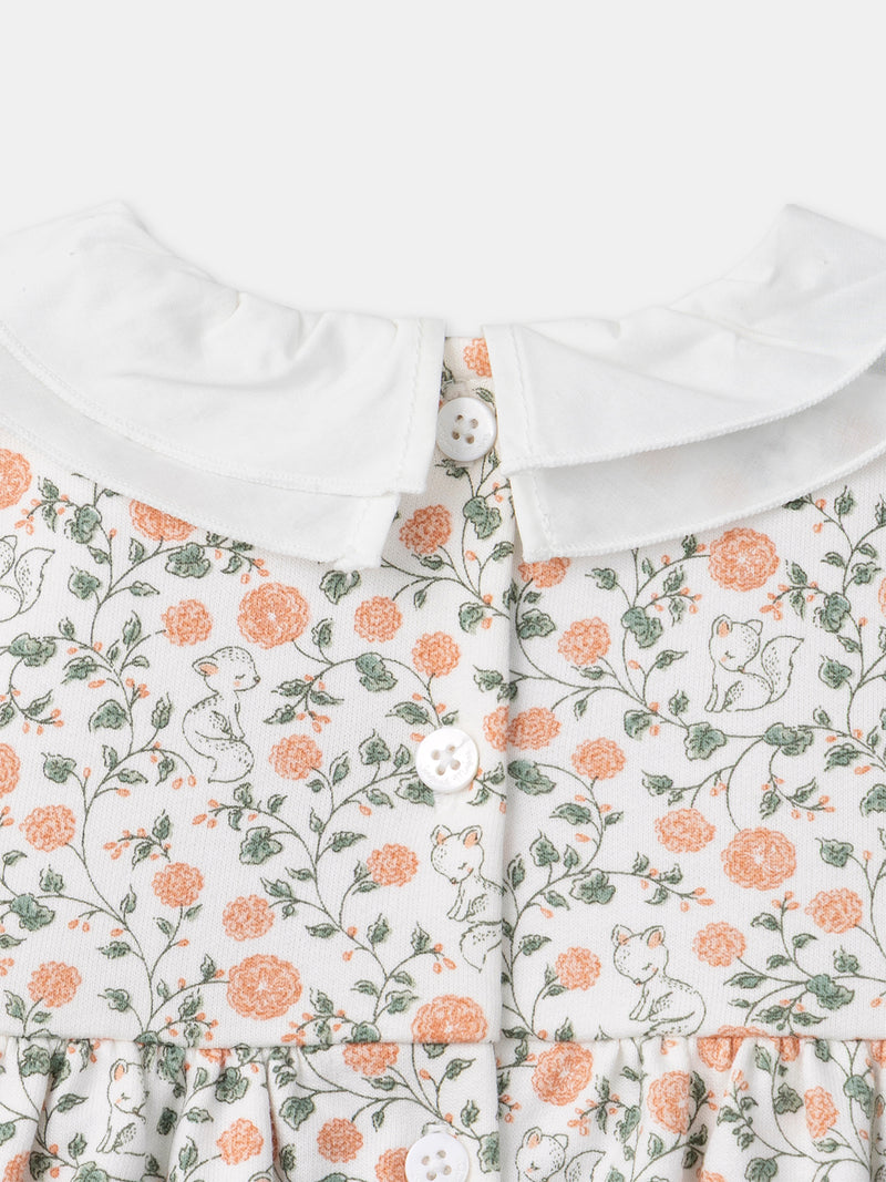 Conjunto de vestido con estampado de flores + cárdigan + medias para niña