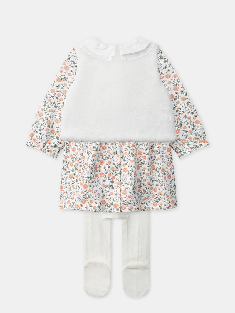 Conjunto de vestido con estampado de flores + cárdigan + medias para niña