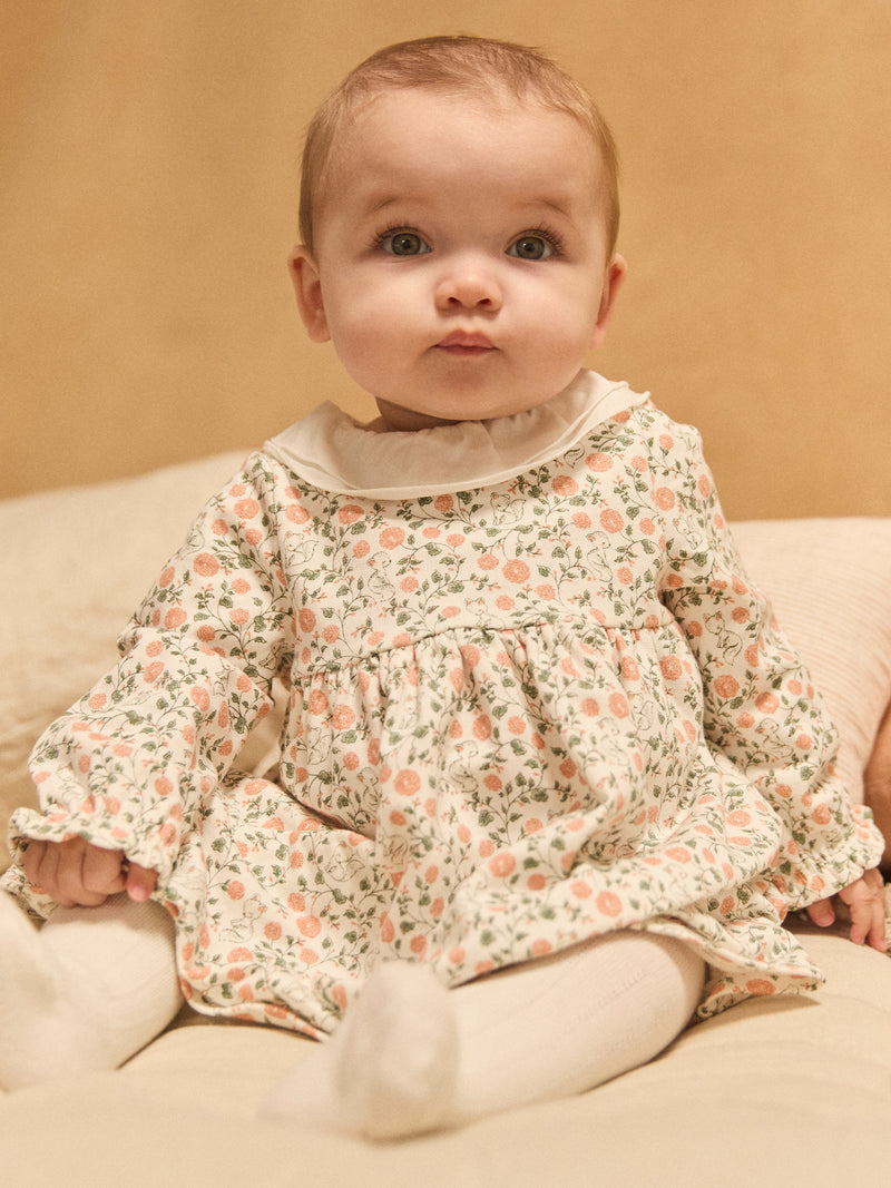 Conjunto de vestido con estampado de flores + cárdigan + medias para niña