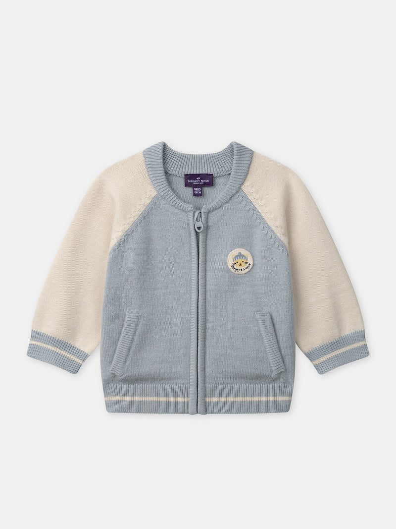 Cárdigan azul grisáceo y crema con cremallera para bebé niño