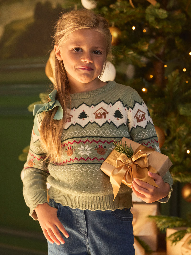 Pull de noël vert sauge Fille