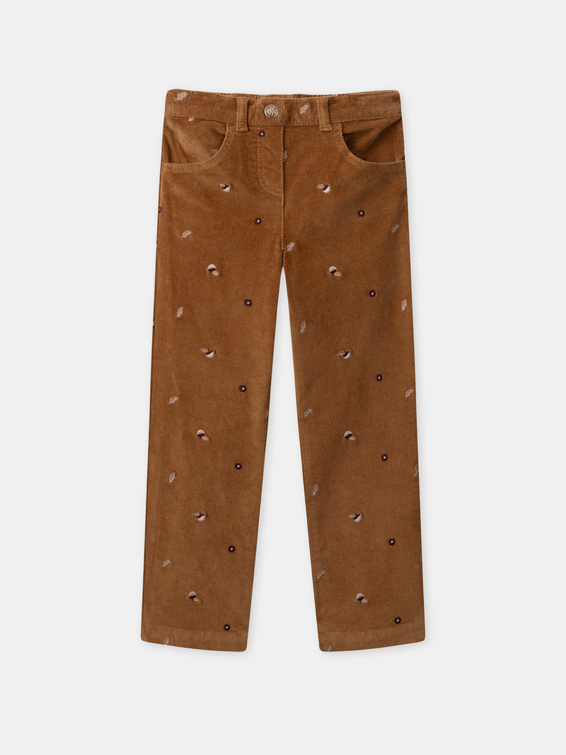 Pantalón de terciopelo marrón con bordado de borlas para niñas