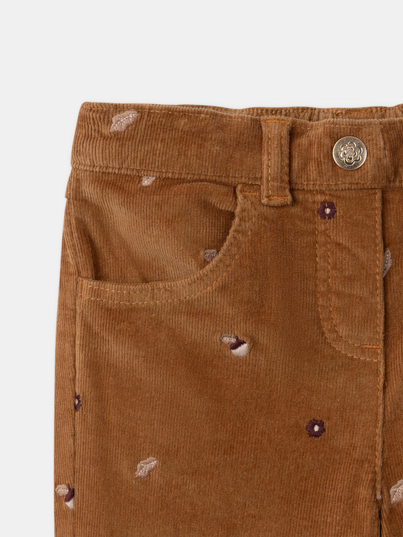 Pantalón de terciopelo marrón con bordado de borlas para niñas
