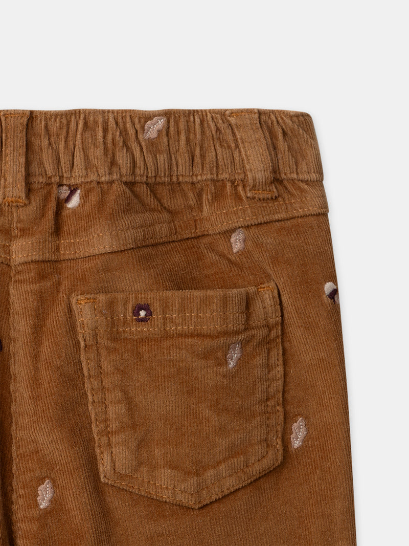 Pantalón de terciopelo marrón con bordado de borlas para niñas
