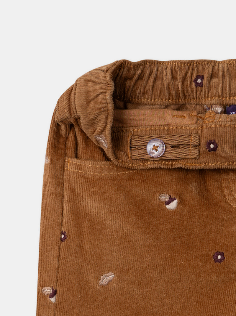 Pantalón de terciopelo marrón con bordado de borlas para niñas