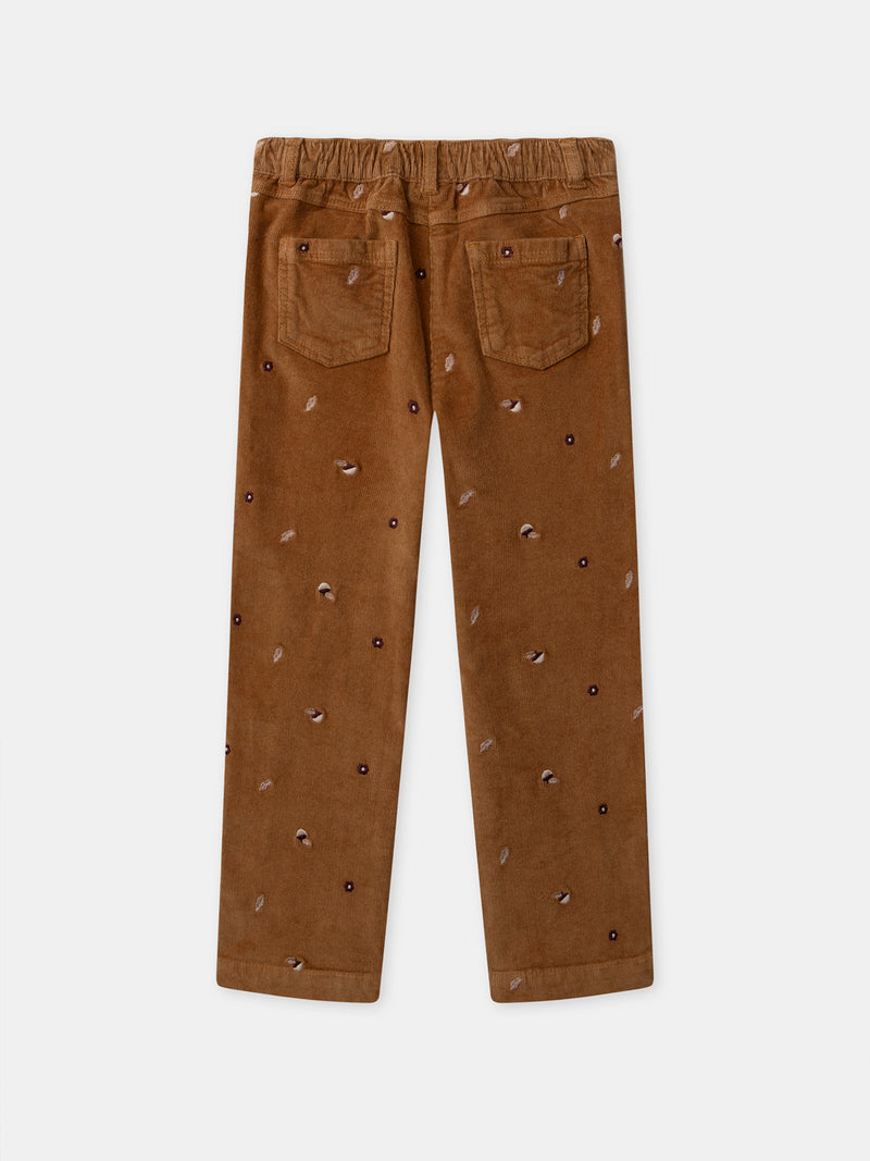 Pantalón de terciopelo marrón con bordado de borlas para niñas
