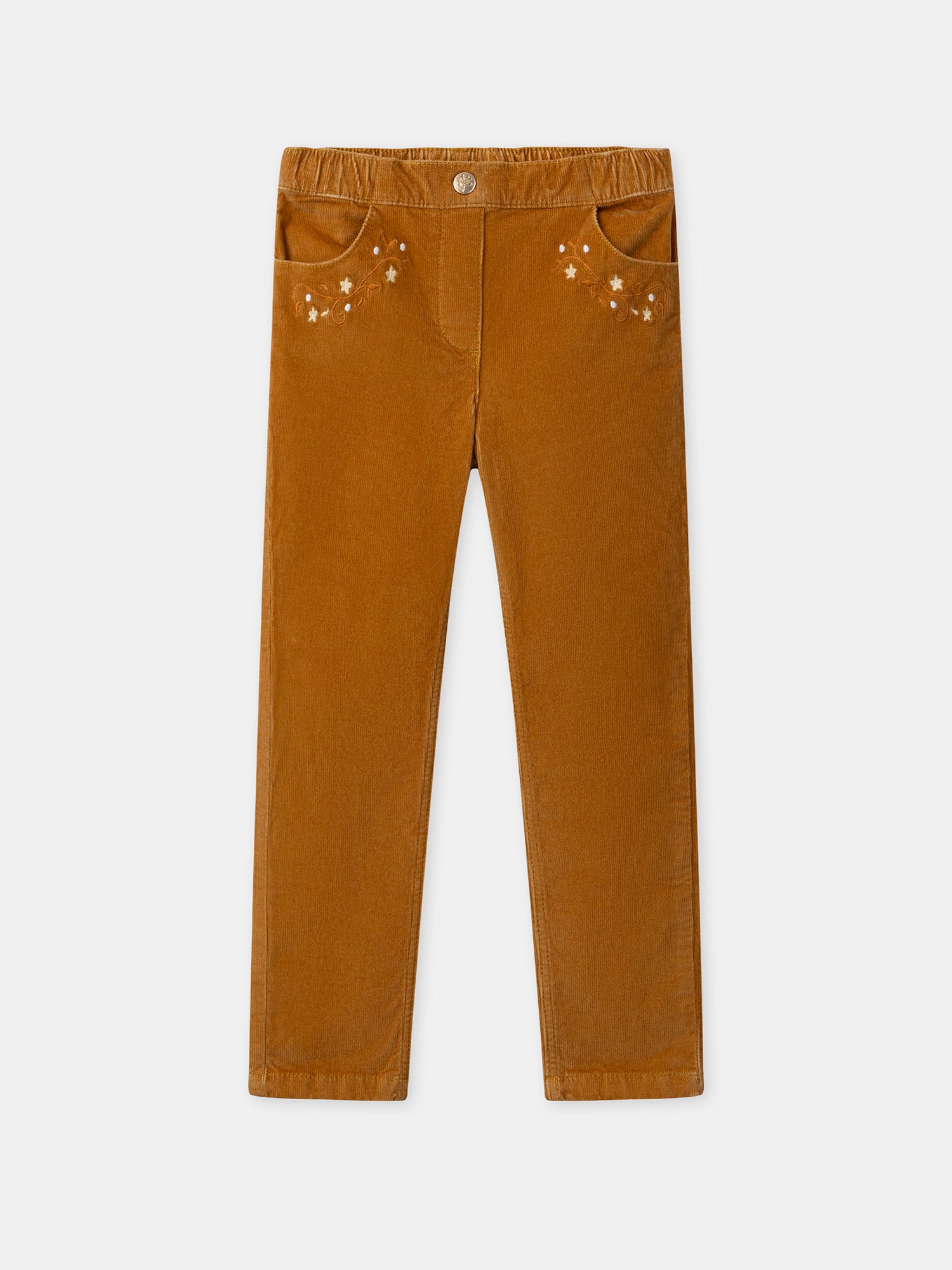 Pantalones Marrones de Pana con Bordados de Flores para Niña