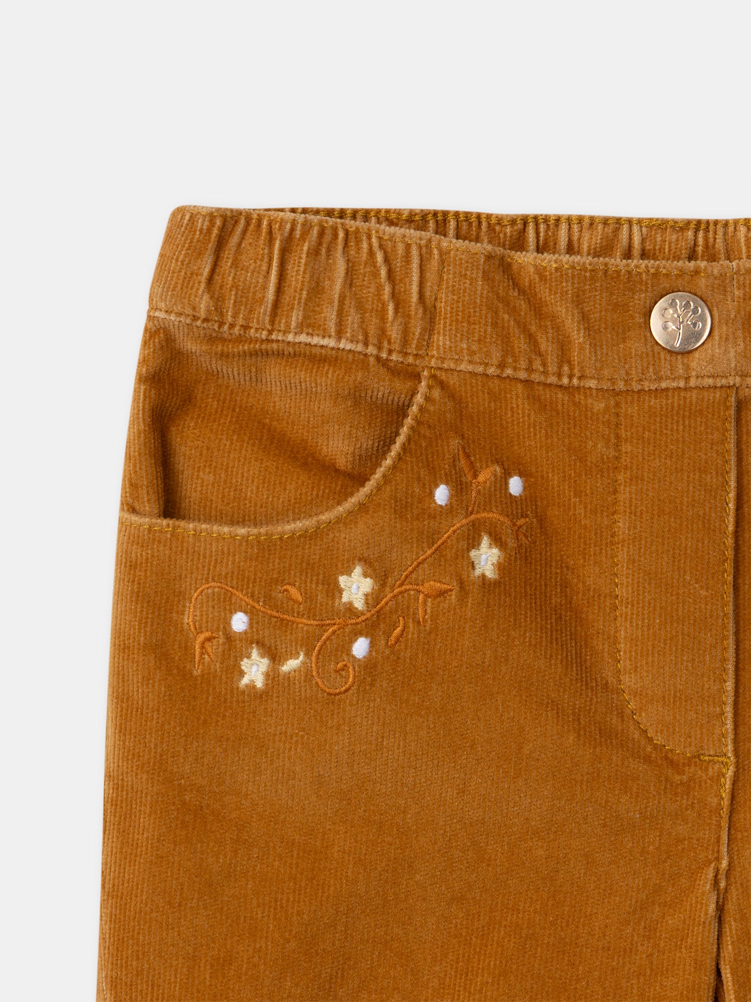 Pantalones Marrones de Pana con Bordados de Flores para Niña