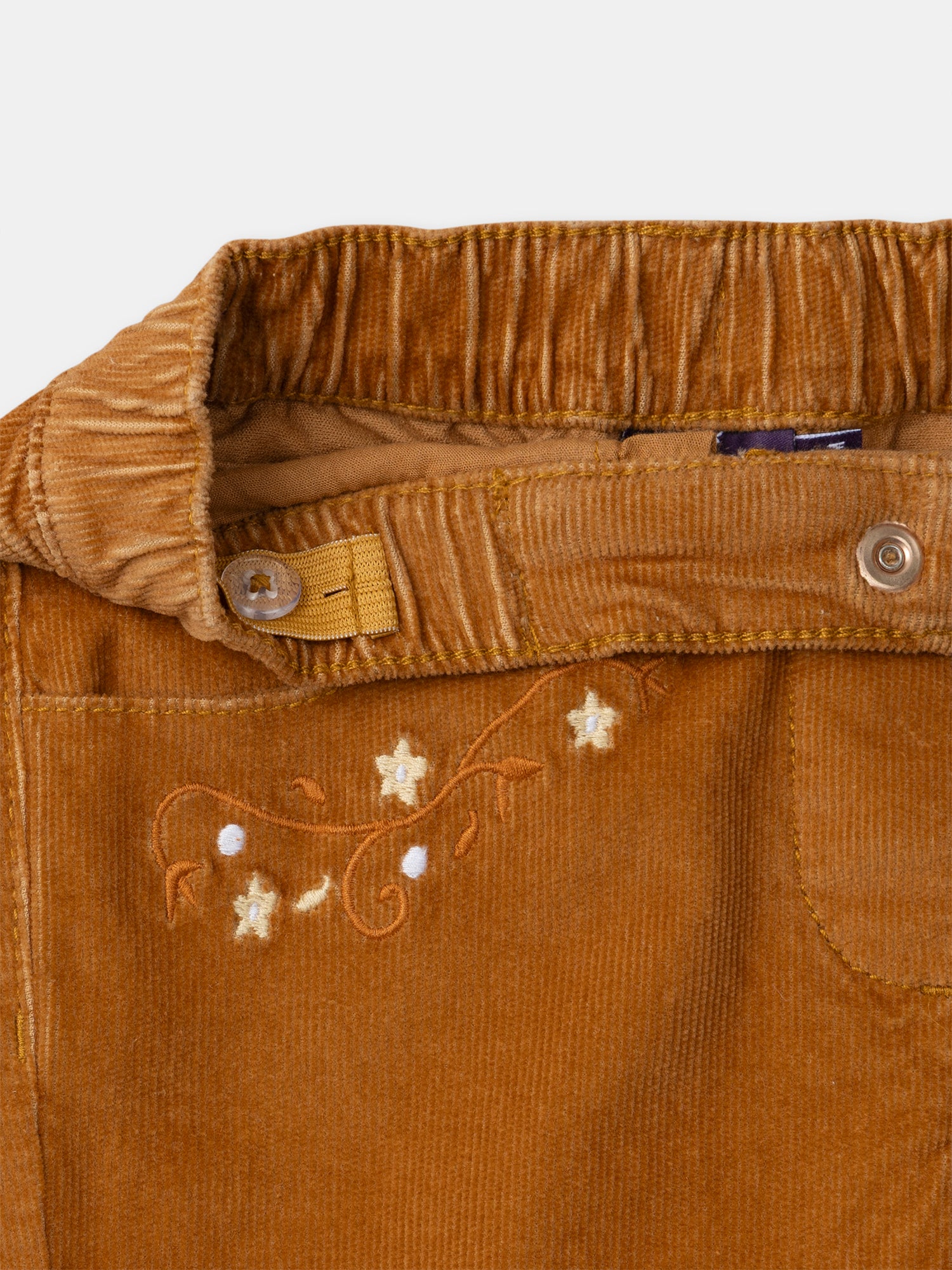 Pantalones de terciopelo marrón con bordados de flores para niñas
