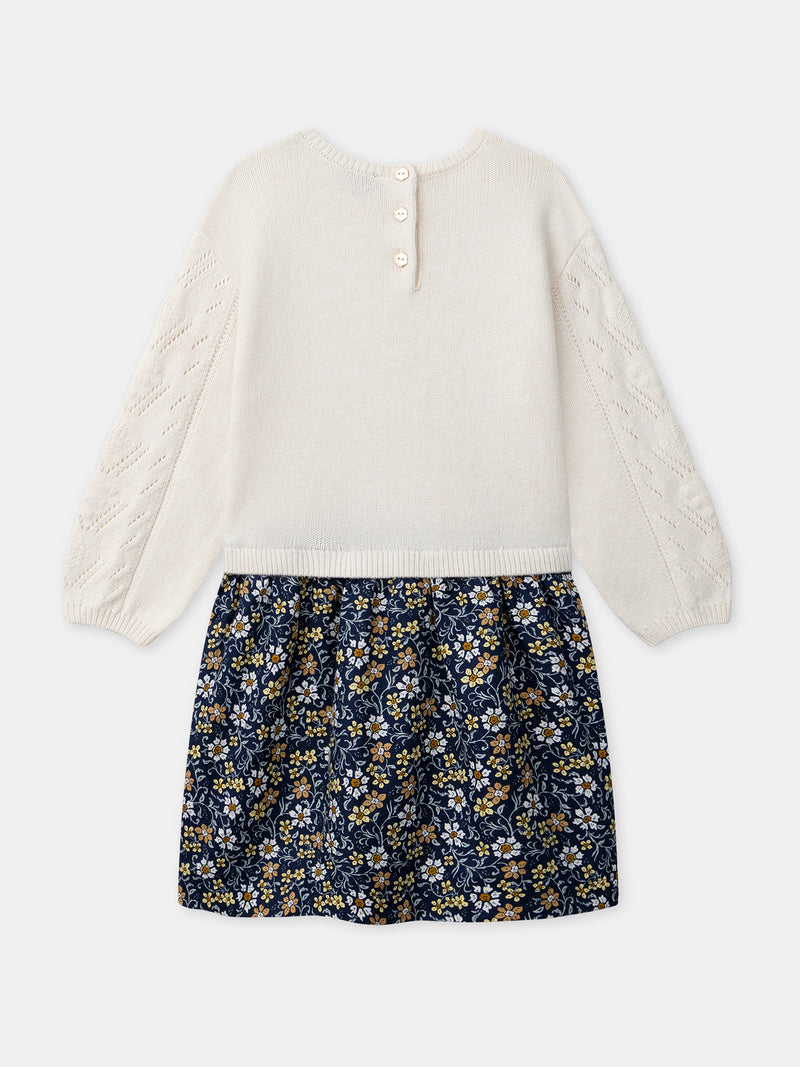Vestido bicolor ecru con parte inferior impresa de flores para niñas