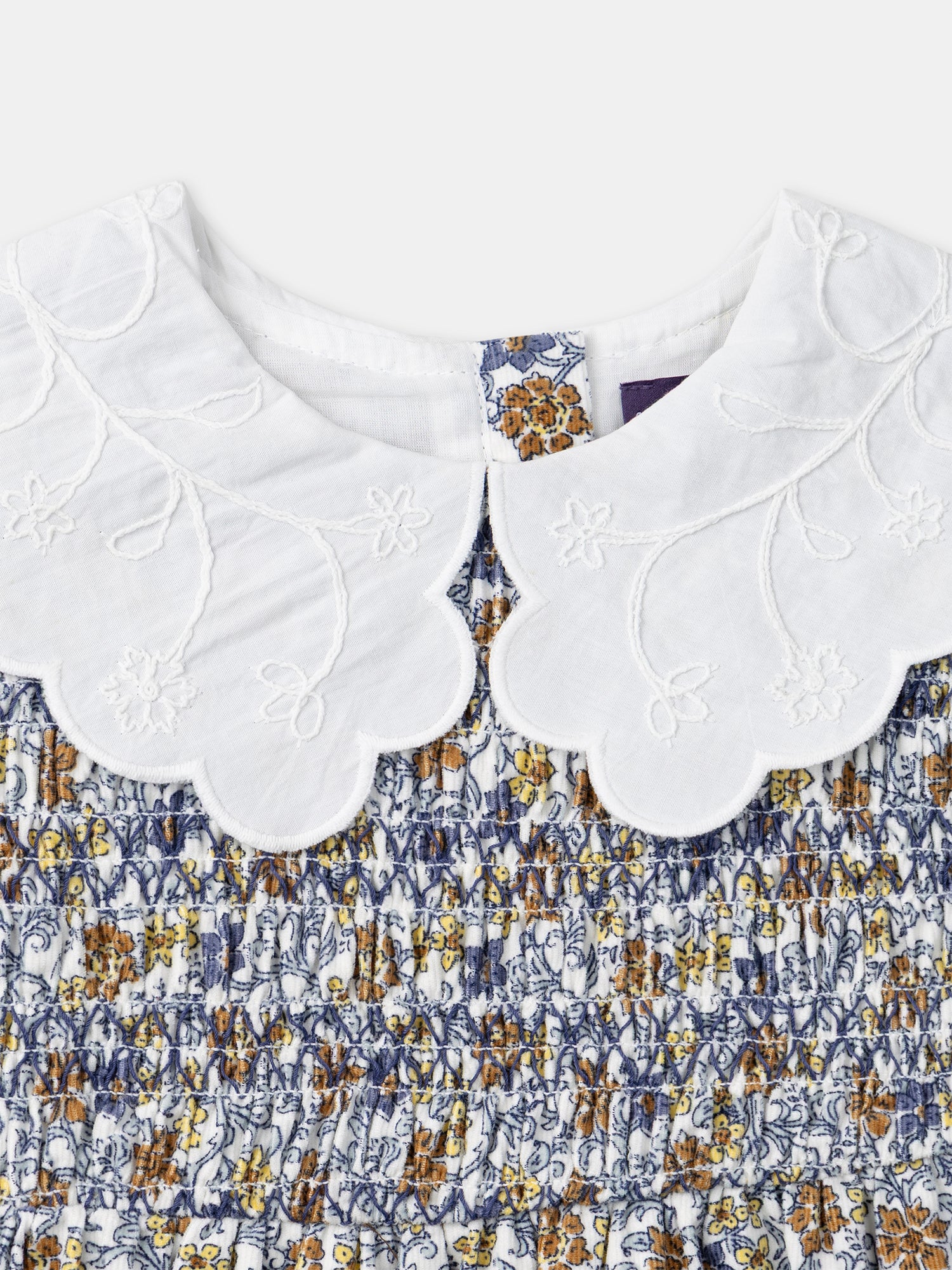 Vestido a rayas florales con cuello de pétalo blanco para niña