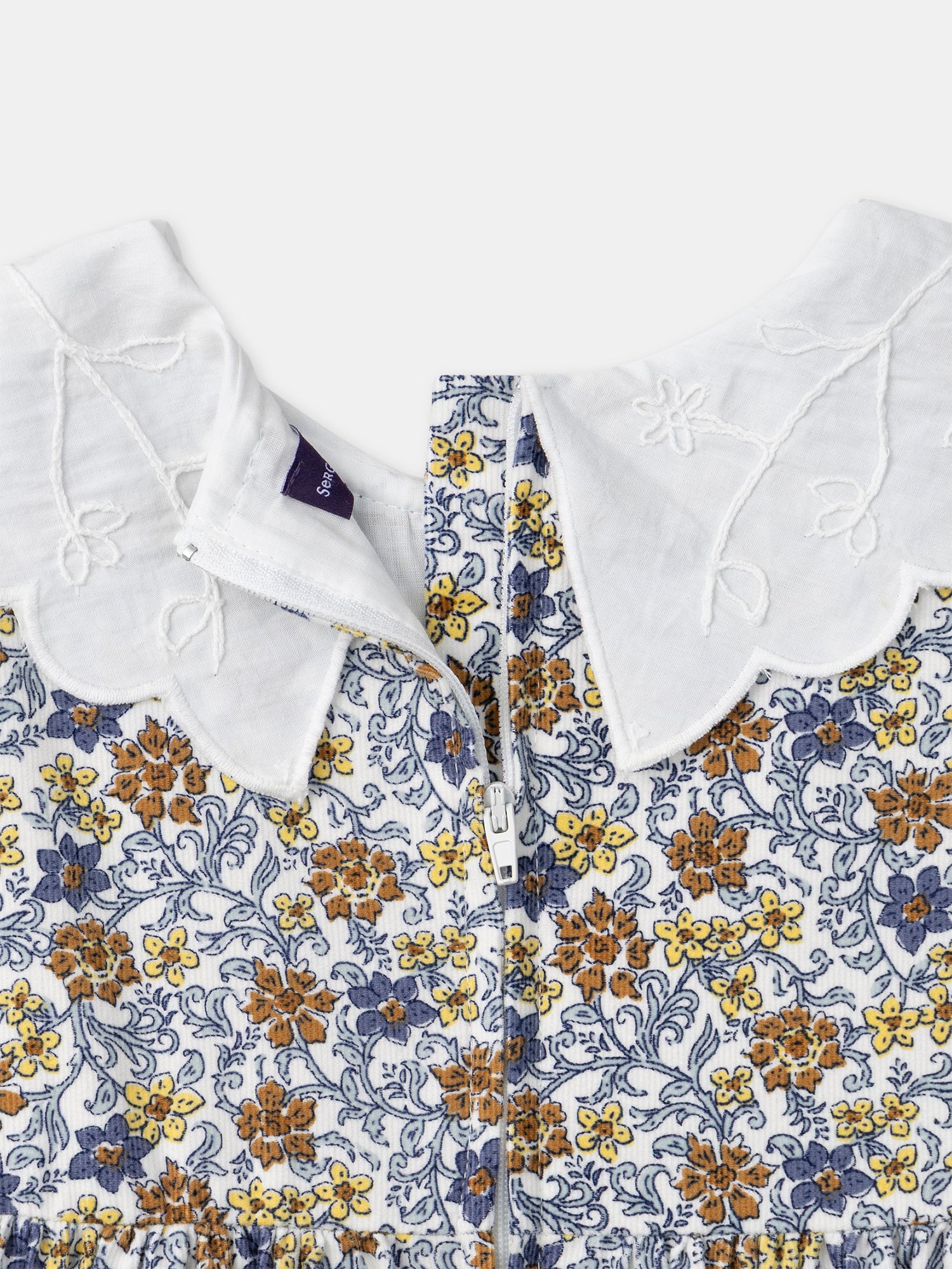 Vestido a rayas florales con cuello de pétalo blanco para niña