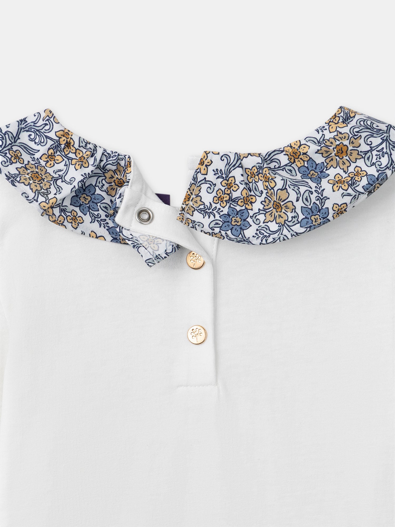 Camiseta blanca de manga larga con cuello floral para niñas