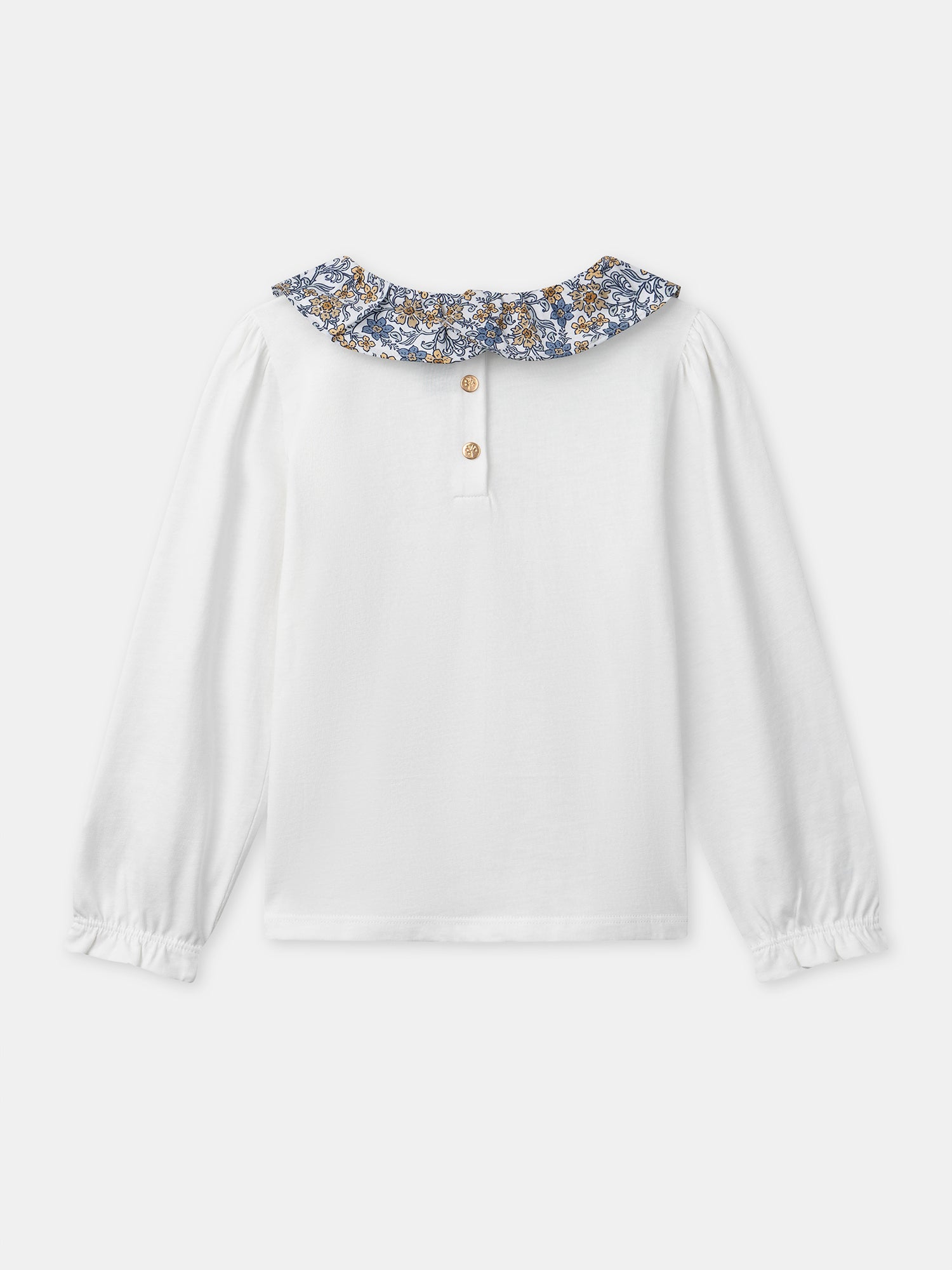 Camiseta blanca de manga larga con cuello floral para niñas
