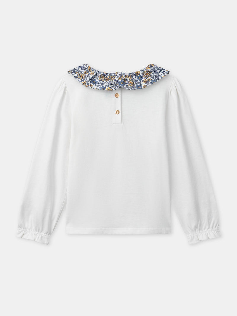 Camiseta blanca de manga larga con cuello floral para niñas