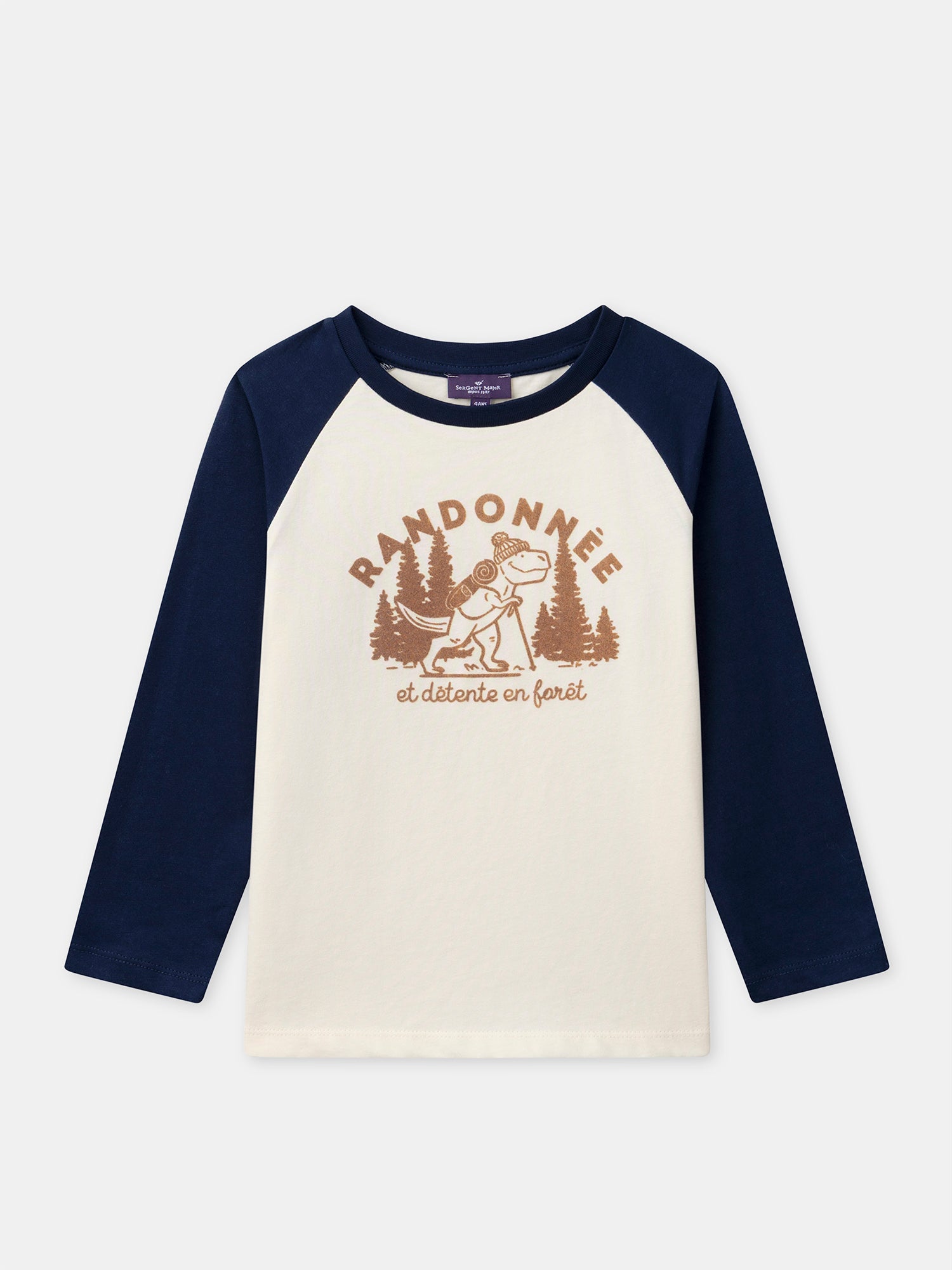 Camiseta de manga larga azul y ecru con estampado de dinosaurios para niños