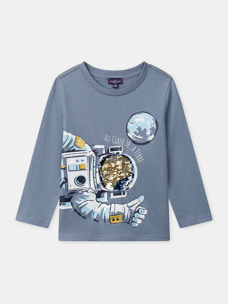 T-shirt gris imprimé astronaute à manches longues Garçon