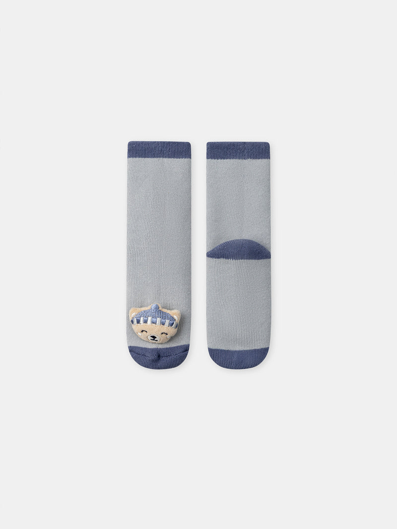 Calcetines azul grisáceo con cabeza de oso para bebé niño