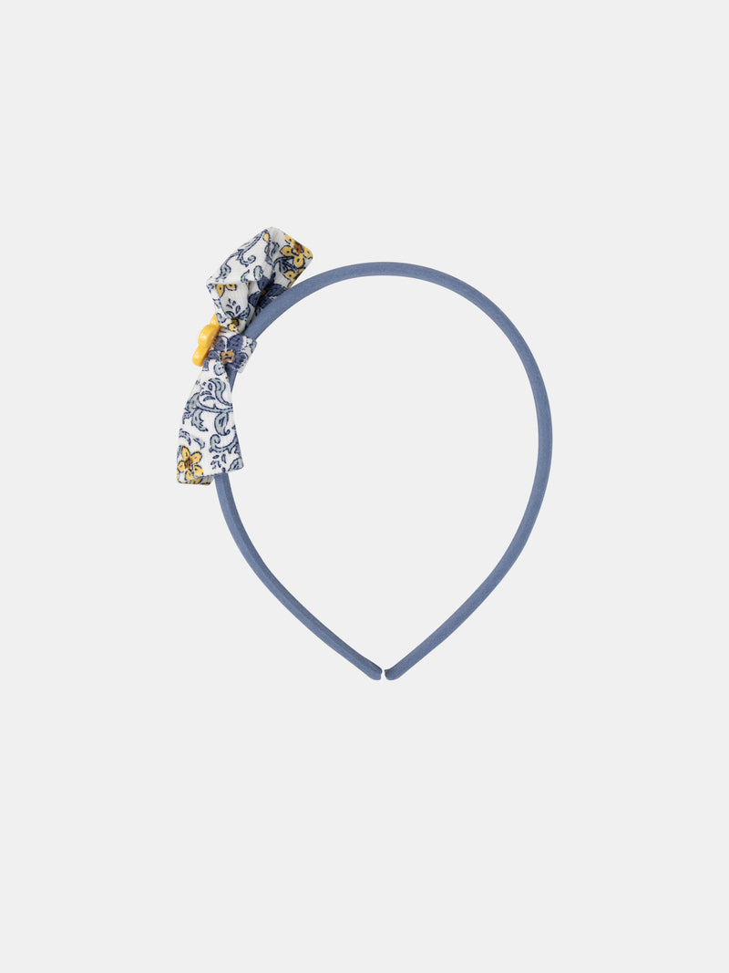 Diadema azul con lazo estampado floral y flor para niñas