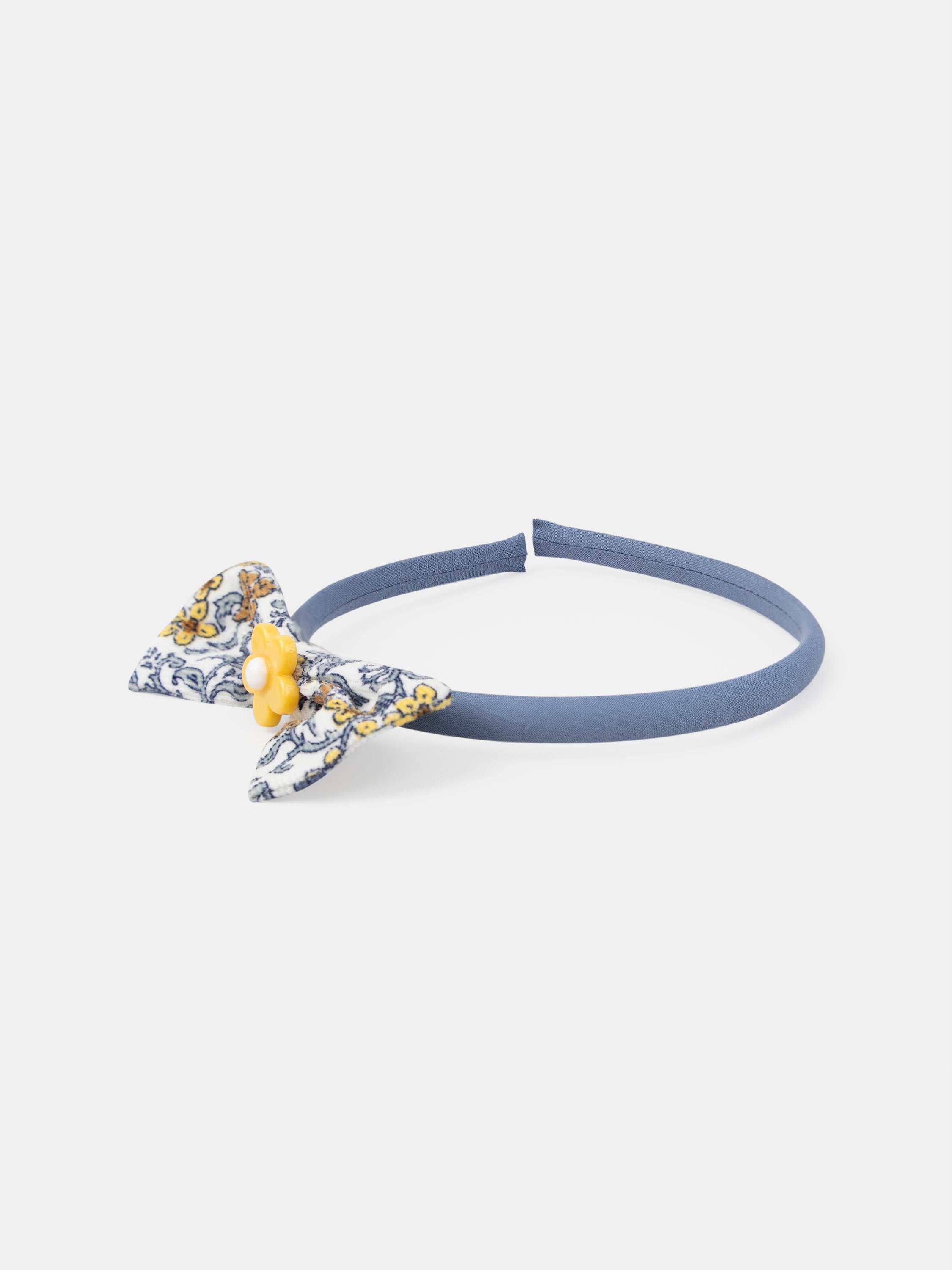 Diadema azul con lazo estampado floral y flor para niñas