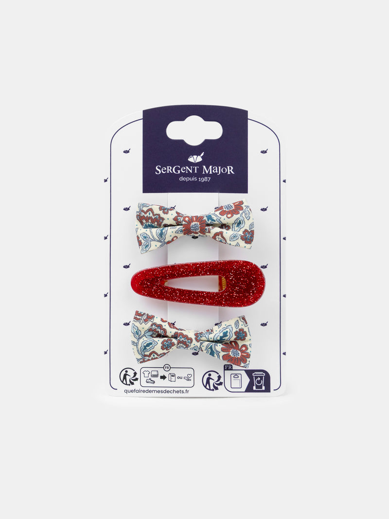3 clips de pelo ecru con estampado floral o rojo brillante para niñas