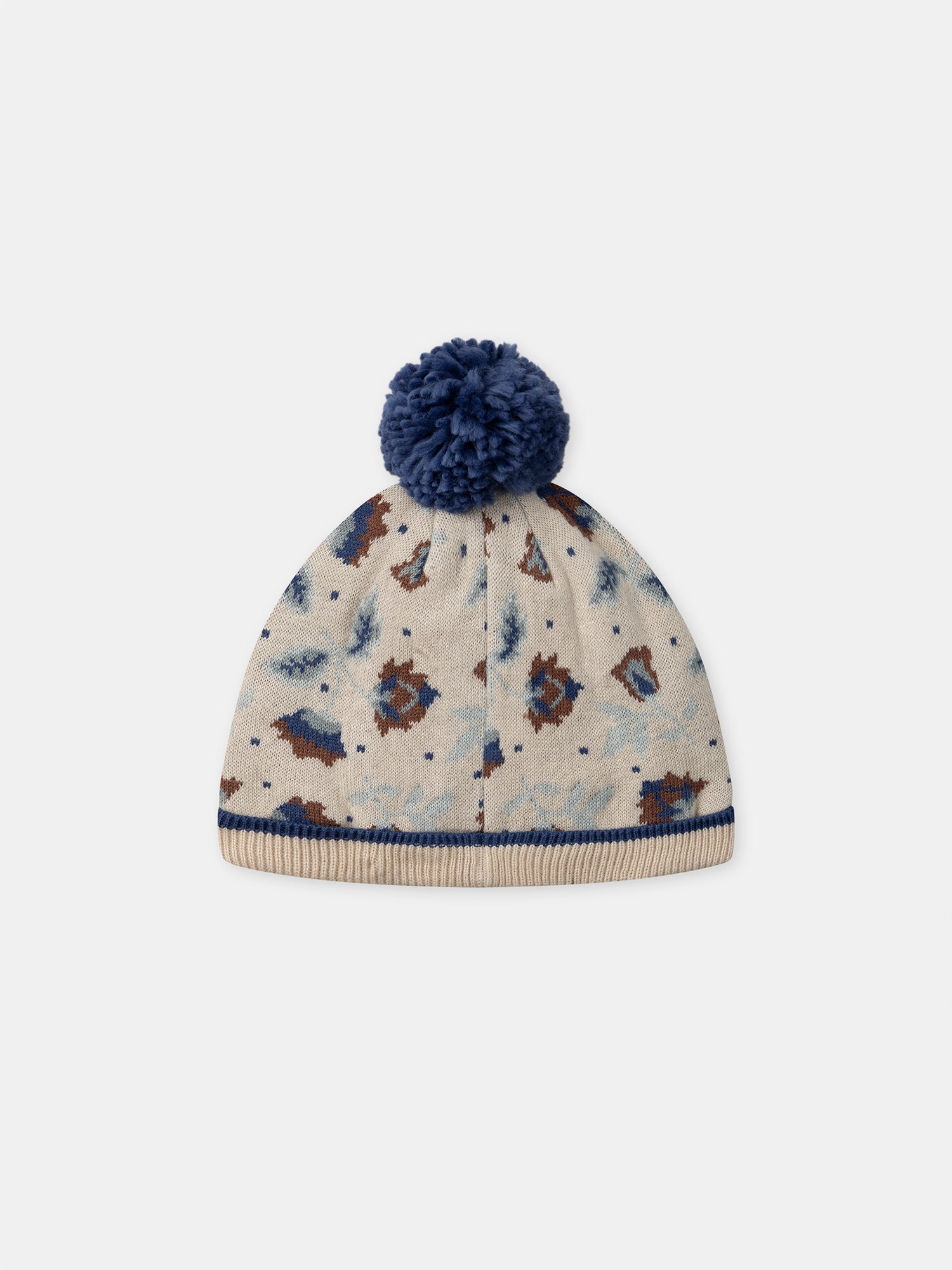 Gorro Beige de Punto con Motivo Floral y Pompón para Niñas