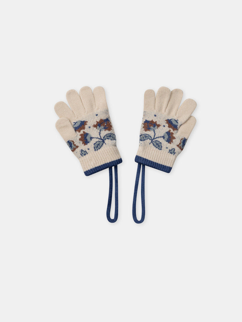 Guantes beige con patrón de flores para niñas