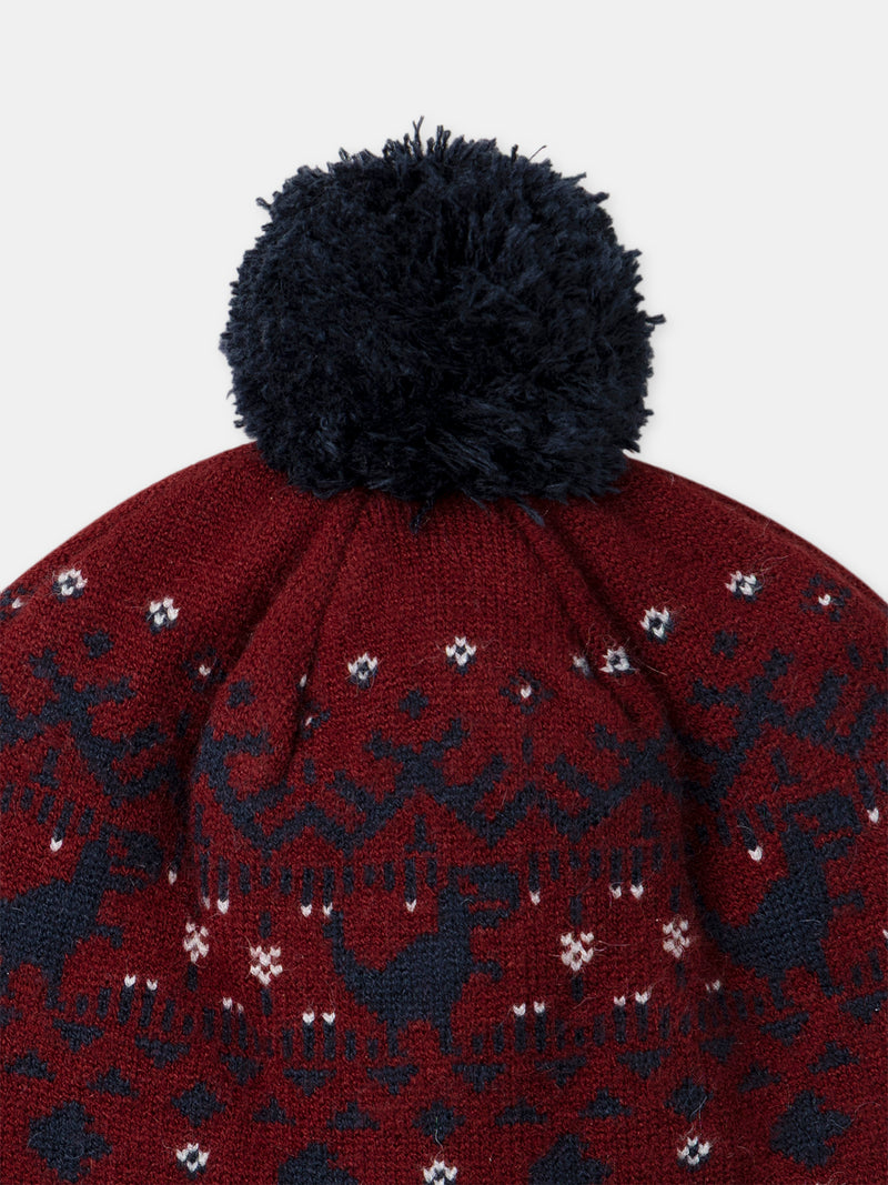 Gorro burdeos con motivo de dinosaurio y pompón para niños