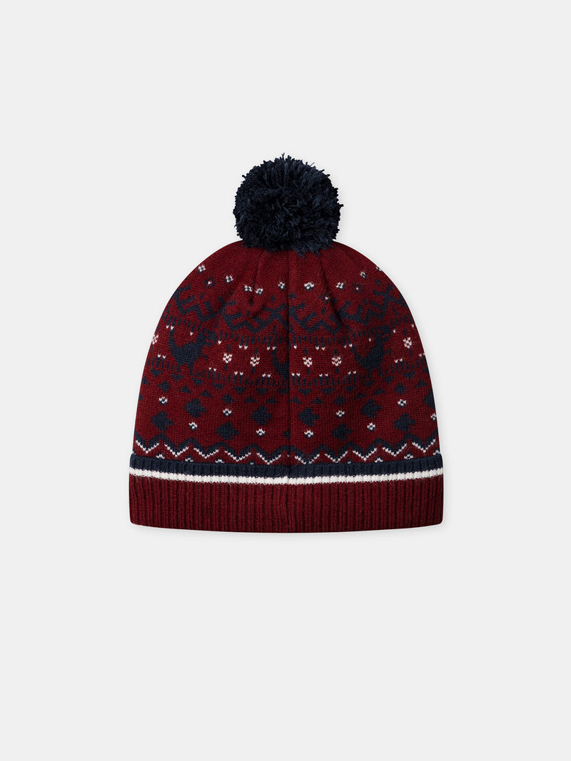Gorro burdeos con motivo de dinosaurio y pompón para niños