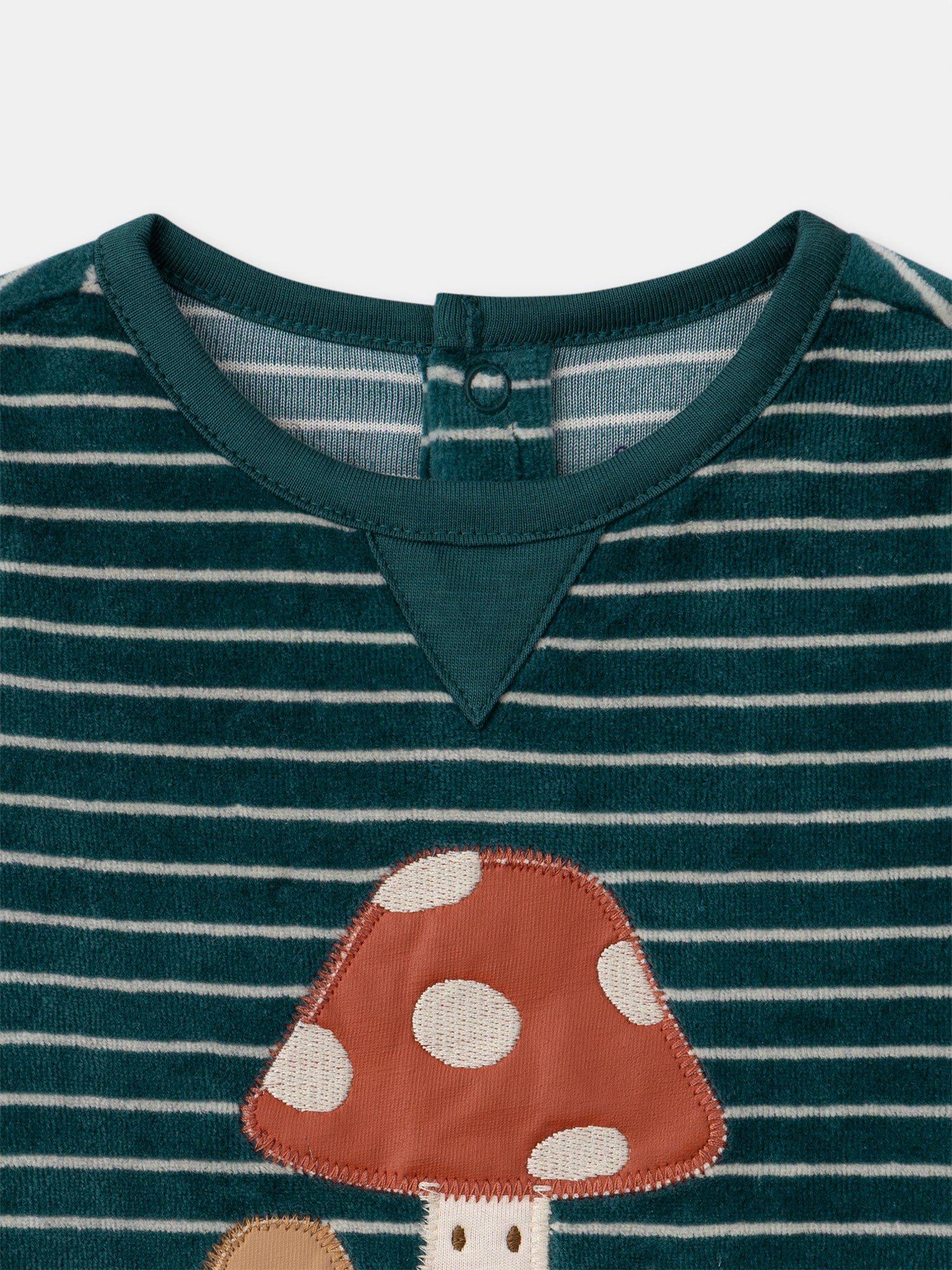 Grenouillère verte en velours à rayures et broderies champignons Bébé Garçon