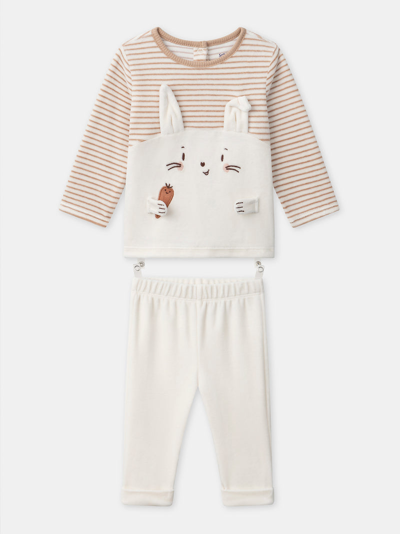 Pijama de rayas color marfil y conejo para bebé niño