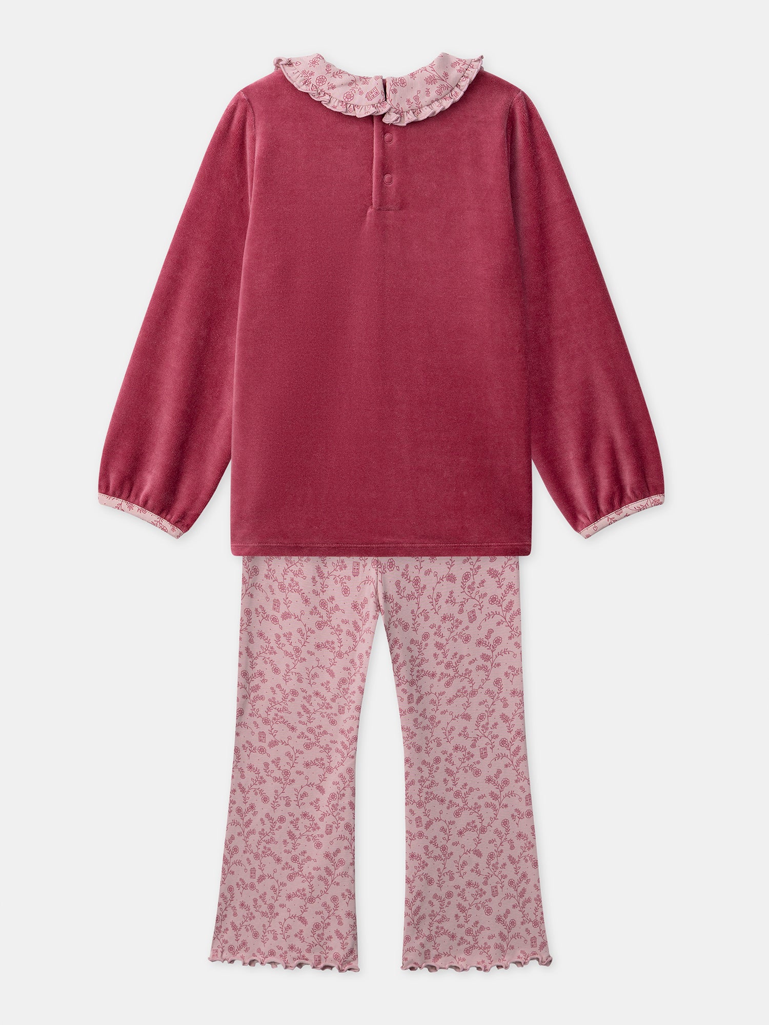 Pijama de terciopelo rosa oscuro con estampado floral para chicas