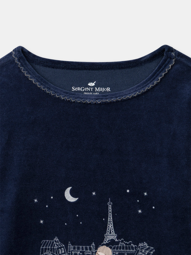 Pijama de Terciopelo Azul Marino con Estampado de la Torre Eiffel para Niñas