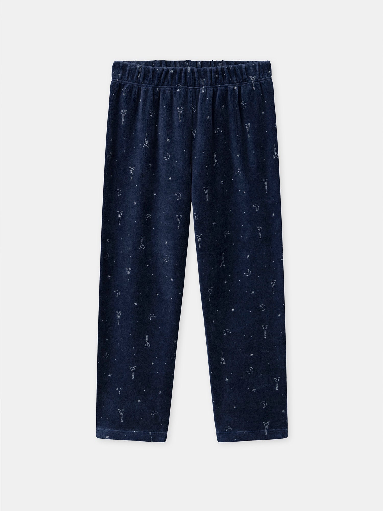 Pijama de Terciopelo Azul Marino con Estampado de la Torre Eiffel para Niñas