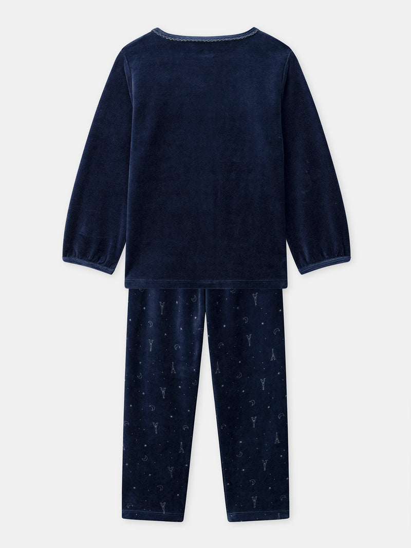 Pijama de Terciopelo Azul Marino con Estampado de la Torre Eiffel para Niñas