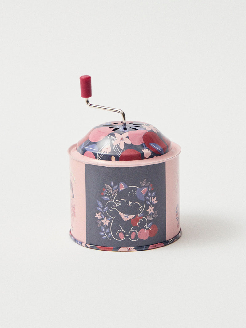 Caja de música rosa y azul marino con estampado de manzanas