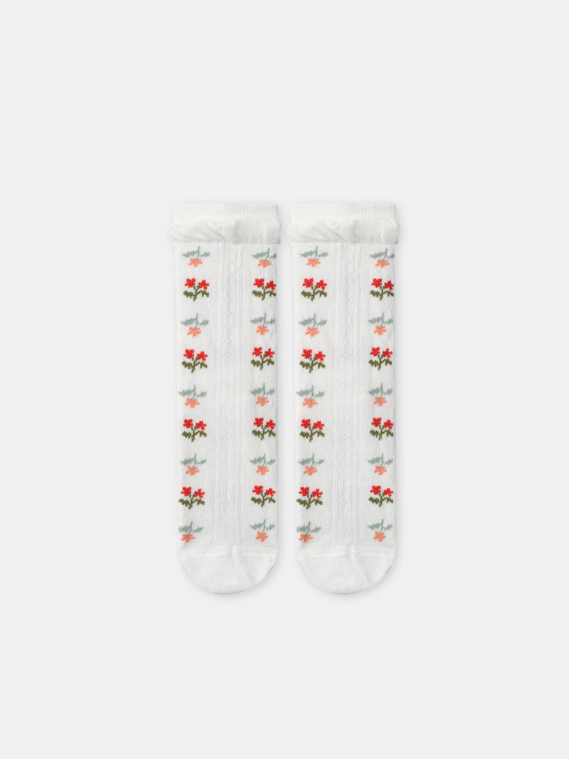 Calcetines Marfil con Flores y Volantes para Niña