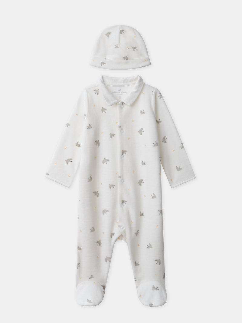 Pijama + gorra ecru impresa con pájaros y lunas Nacimiento Mixto