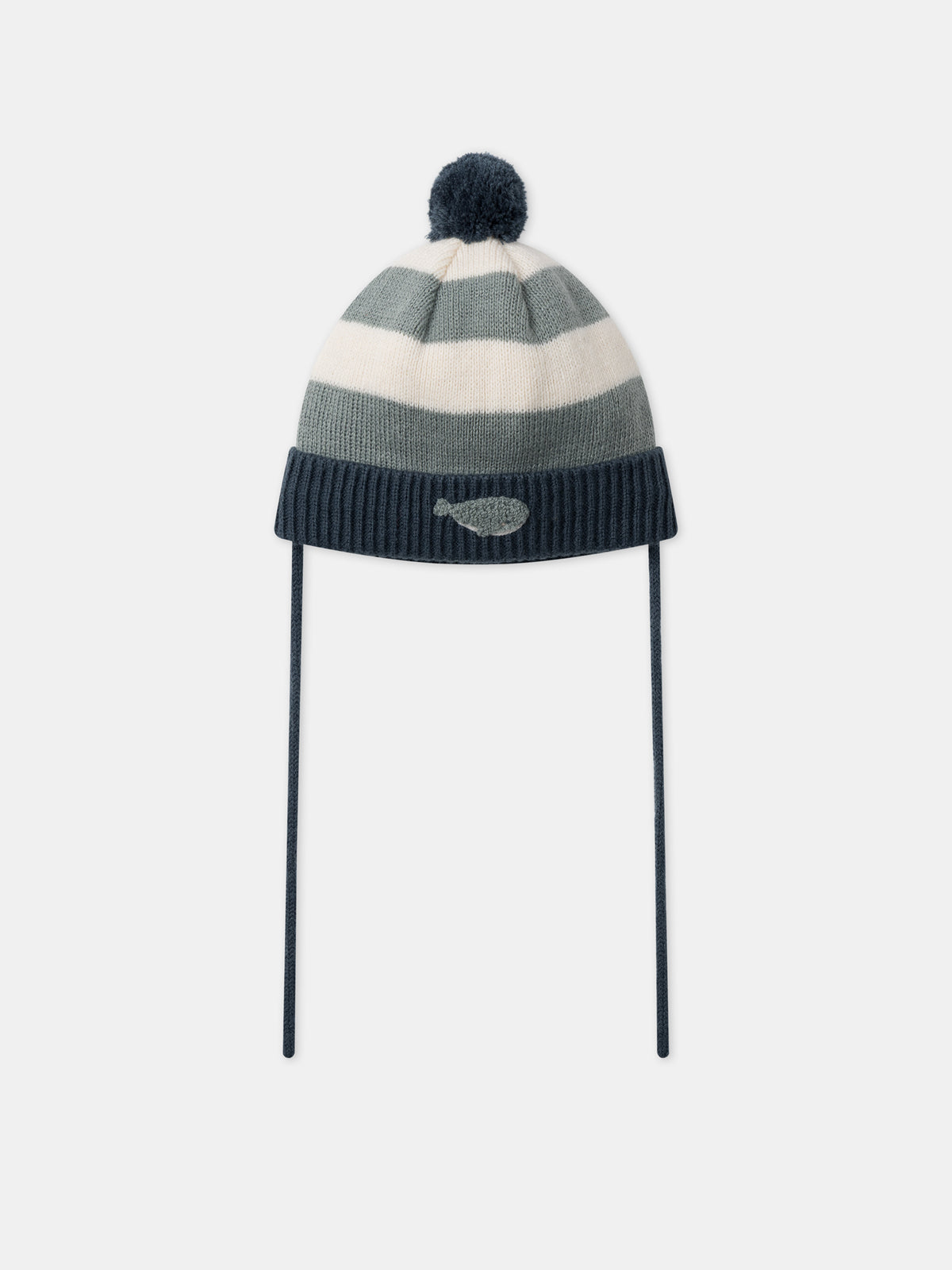 Gorro tricolor a rayas con pompon y bordado de ballena para bebé niño