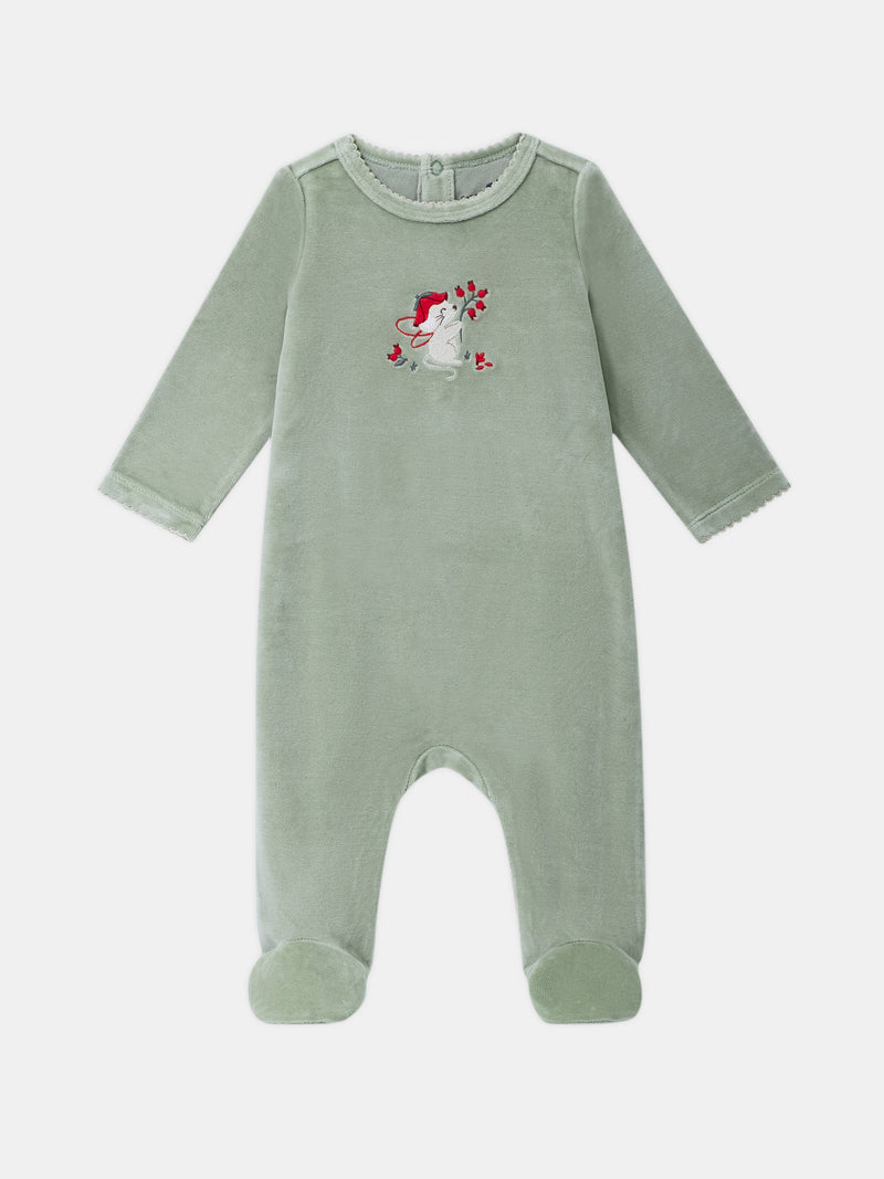 Pijama de terciopelo verde salvia con bordado de ratón y frutas Bebé Chica