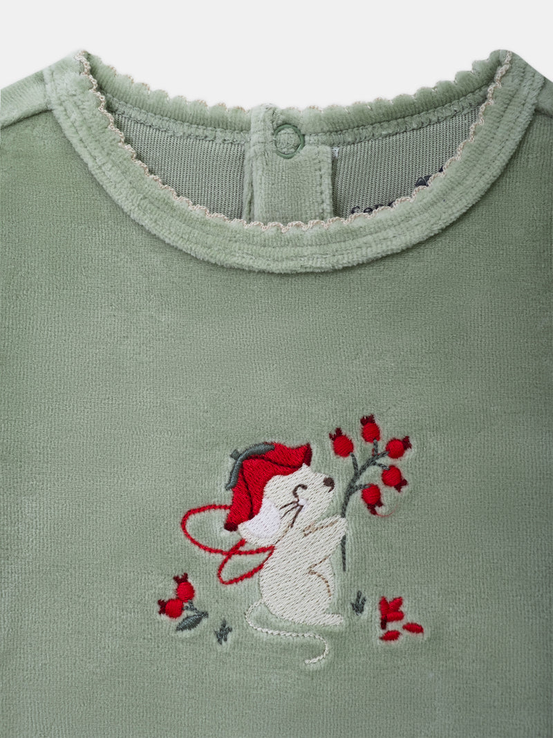 Pijama de terciopelo verde salvia con bordado de ratón y frutas Bebé Chica