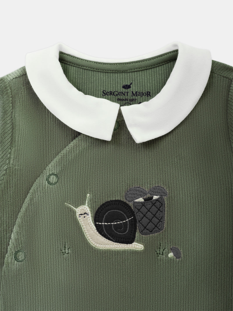 Grenouillère en velours vert grisé à broderie escargot Bébé Garçon