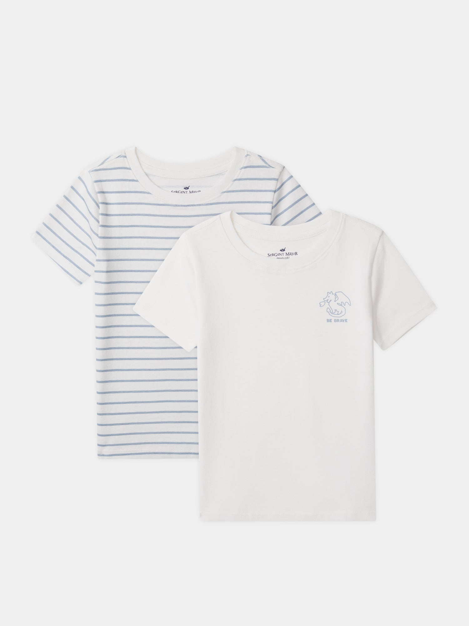 Lote de 2 camisetas ecru con impresión de dragón o rayas azules para niño