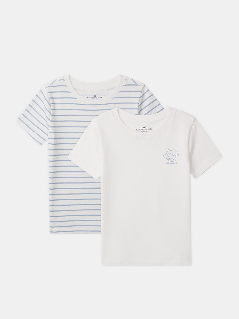 Lote de 2 camisetas ecru con impresión de dragón o rayas azules para niño