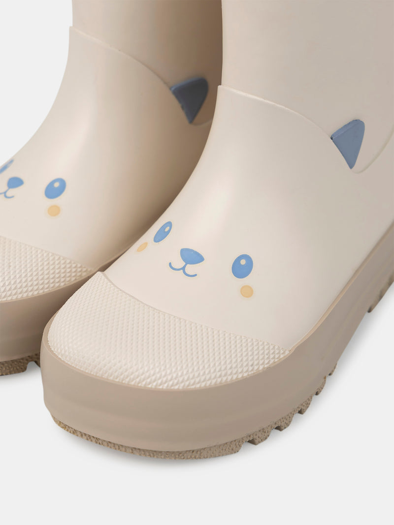 Botas de agua beige impresas con cabeza de oso Bebé Niño