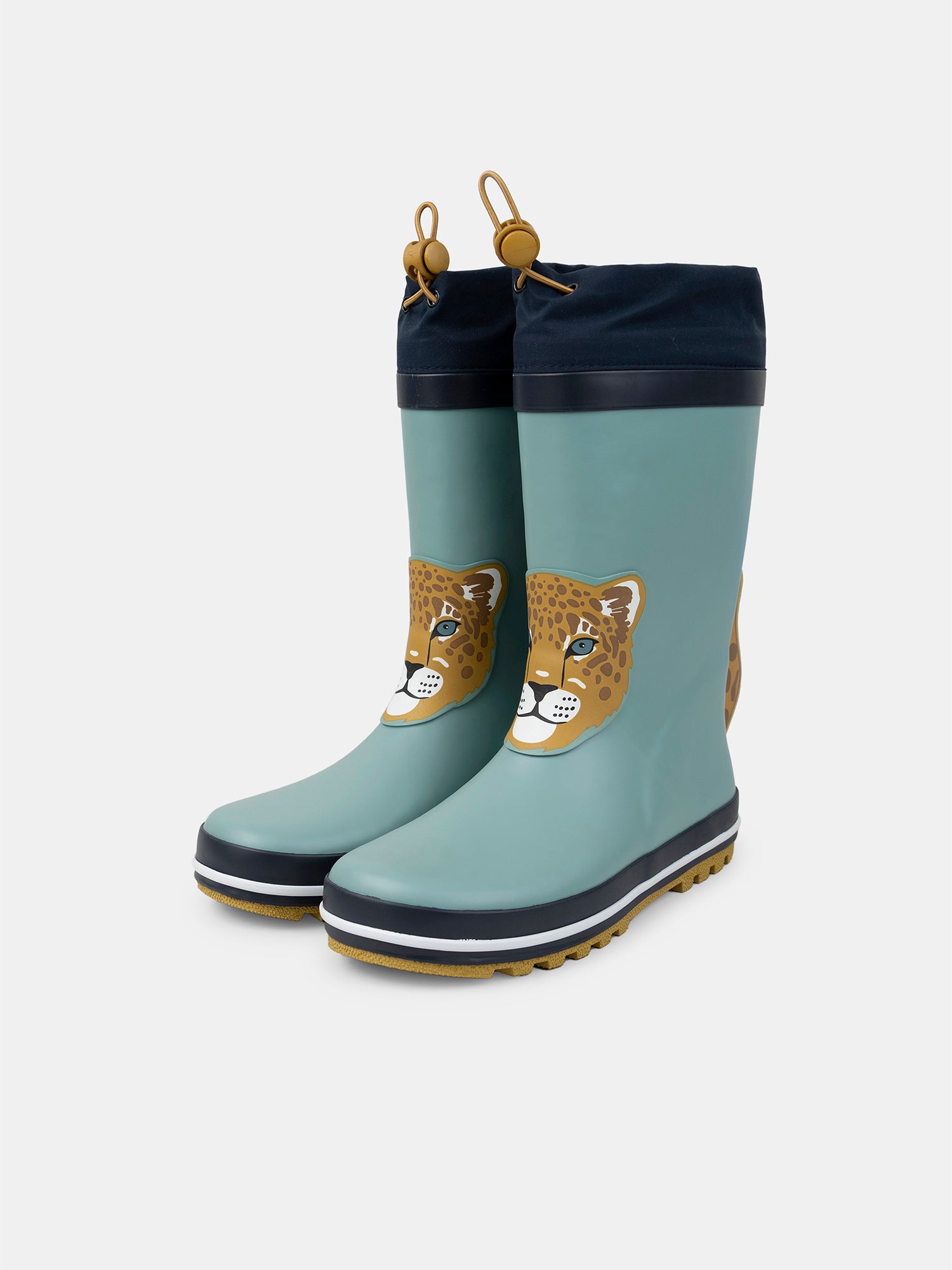 Botas de lluvia azules con parche de cabeza de leopardo para niño