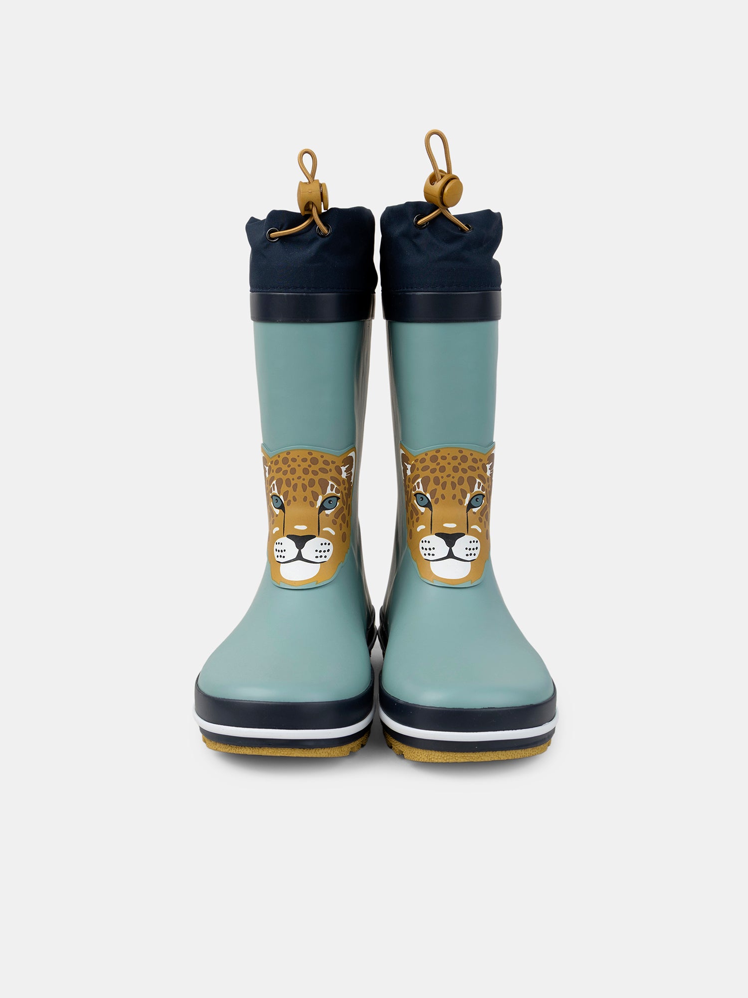 Botas de lluvia azules con parche de cabeza de leopardo para niño